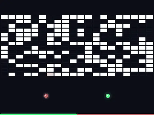 Brickflux gameplay: a green Builder and a red Breaker fight over a grid of bricks