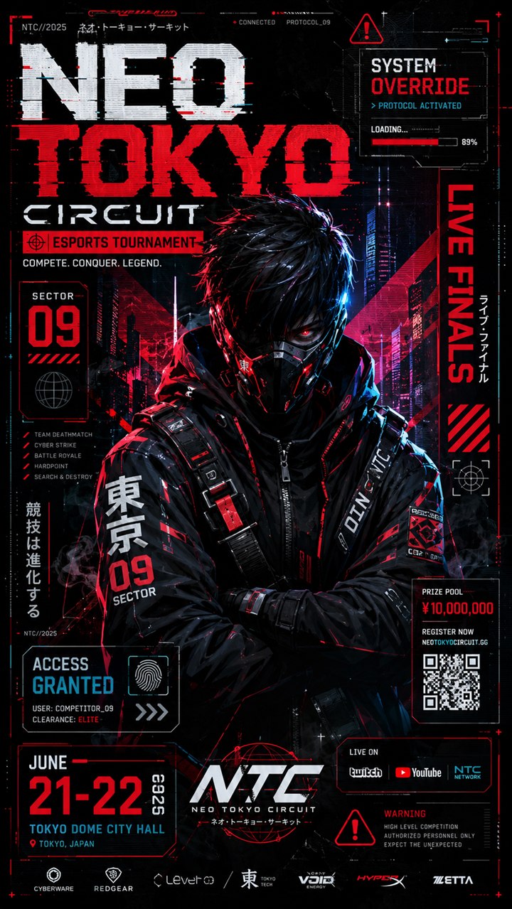 Neo Tokyo cyberpunk esports tournament poster