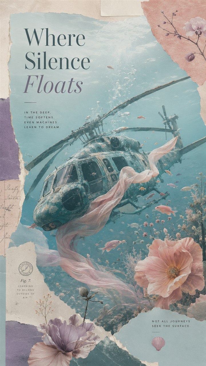 Dreamlike underwater helicopter collage poster